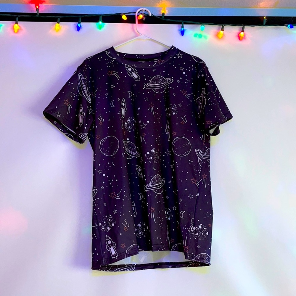 Matching Galaxy print T-shirt and shorts set.